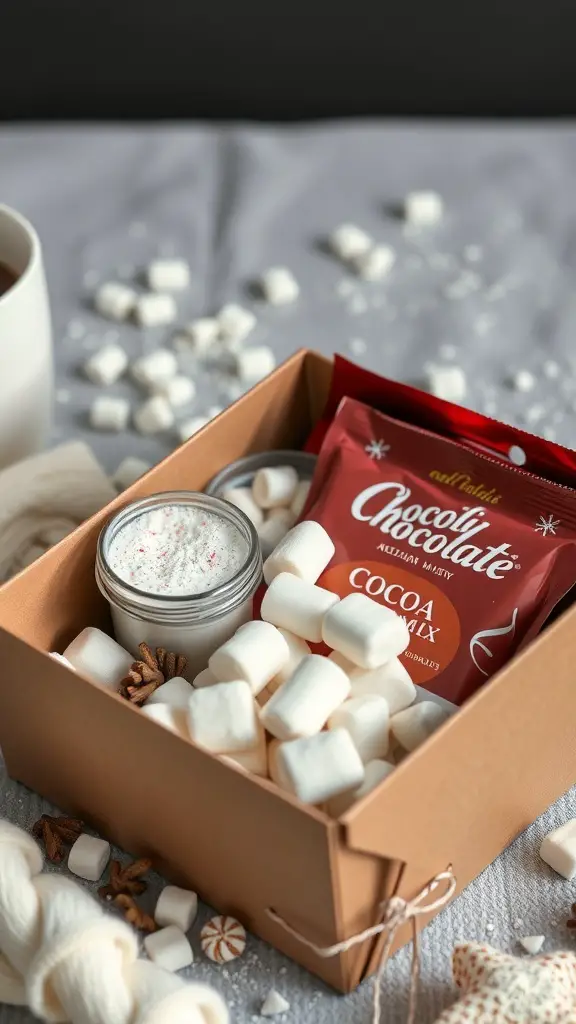 A DIY hot chocolate kit with cocoa mix, marshmallows, and a jar of whipped cream in a box.