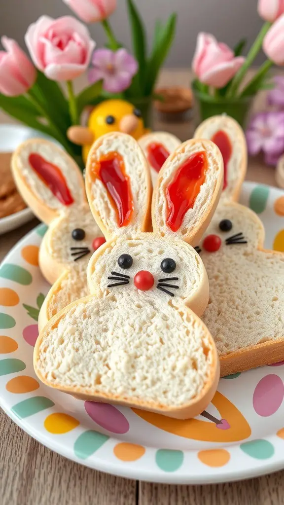 Bunny-shaped sandwiches with jelly filling and decorative features on a colorful plate