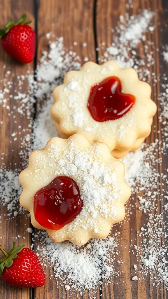 Two sugar cookie sandwiches with strawberry filling, dusted with powdered sugar, on a wooden surface.