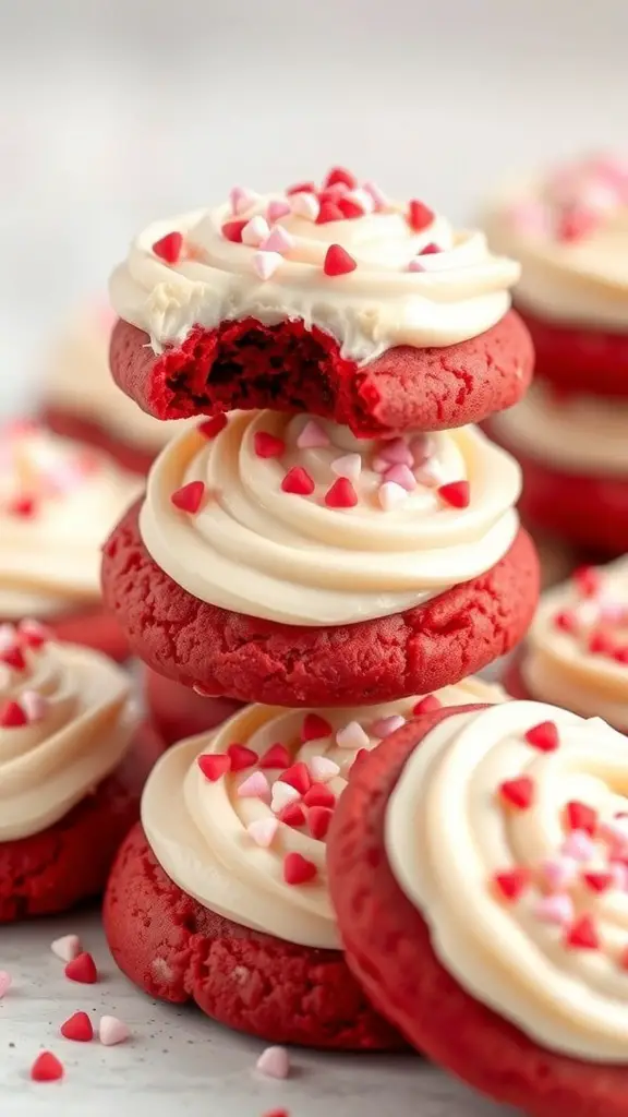 Stack of red velvet sugar cookies with cream cheese frosting and heart sprinkles
