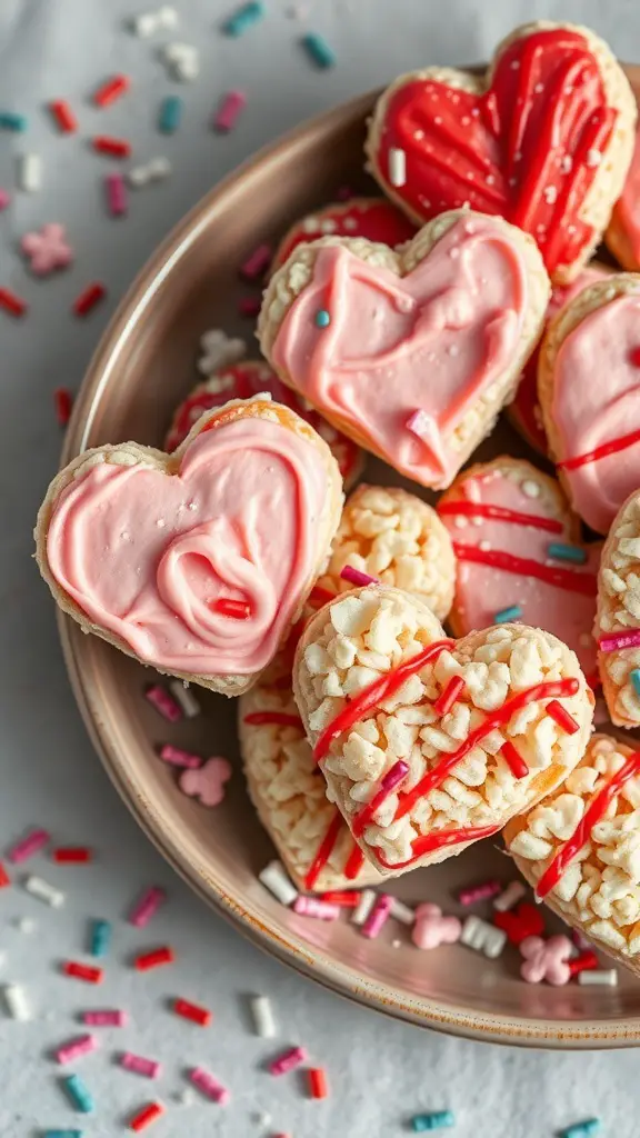 A plate of heart-shaped rice crispy treats decorated with pink and red icing and colorful sprinkles.