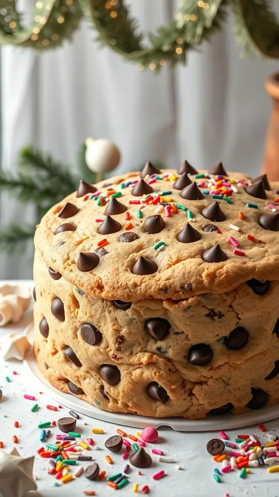 A large Chocolate Chip Cookie Cake topped with chocolate chips and colorful sprinkles.