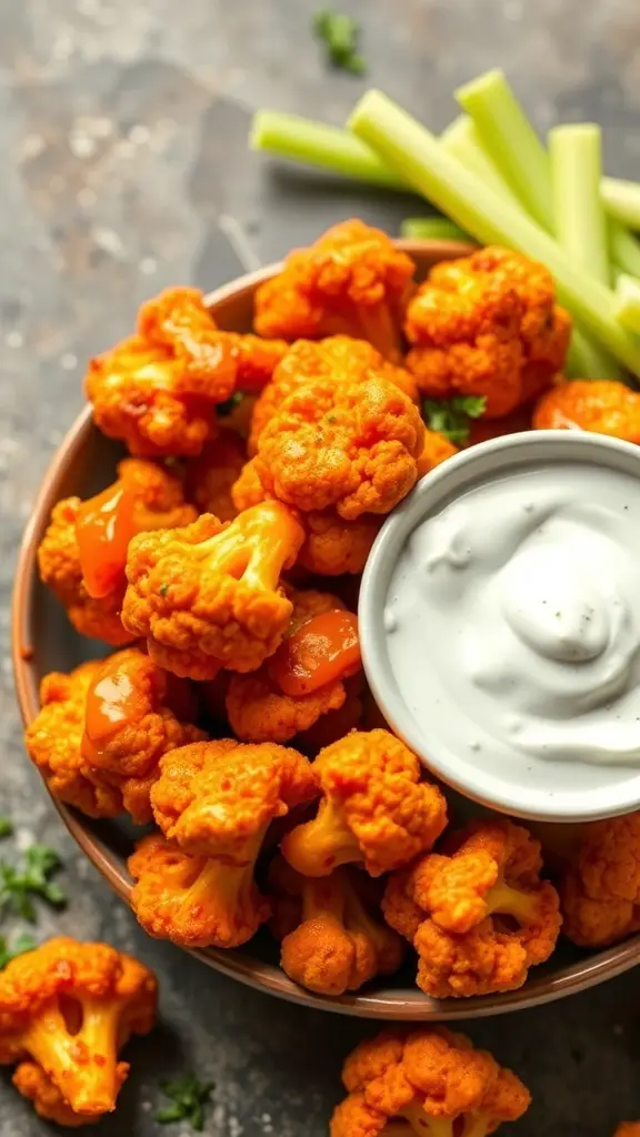 Bowl of crispy baked buffalo cauliflower with dipping sauce and celery sticks