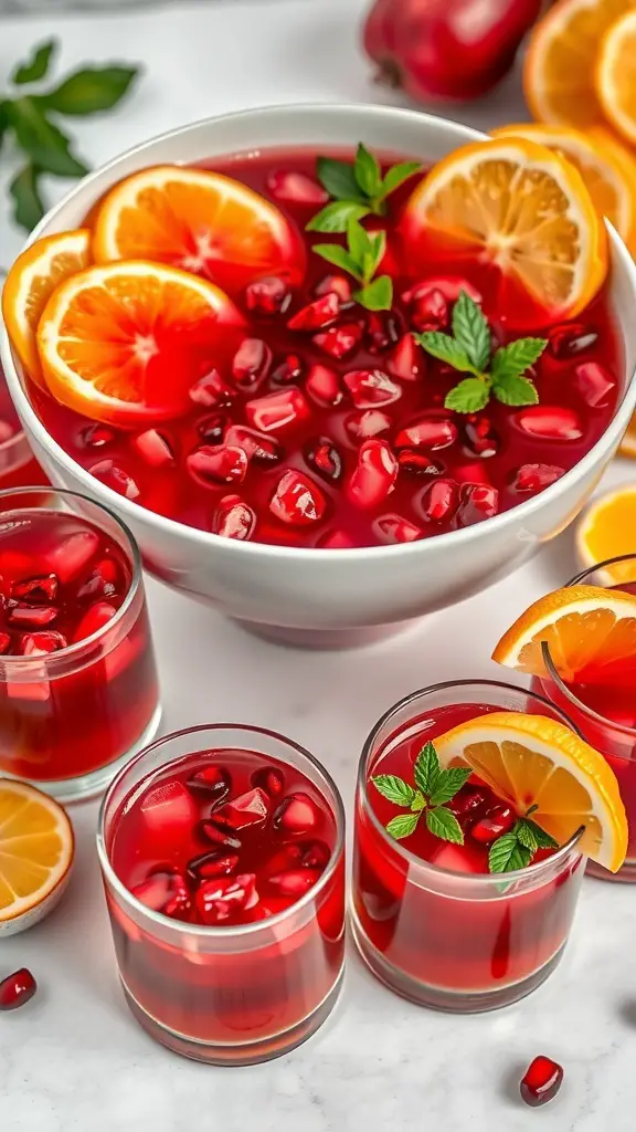 A bowl of Pomegranate Passion Punch with slices of orange and mint leaves, surrounded by glasses of the drink.