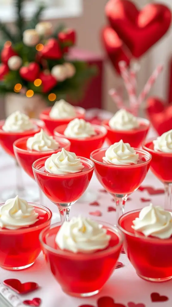 Colorful heart-shaped Jello cups with whipped cream on top, set on a festive table.