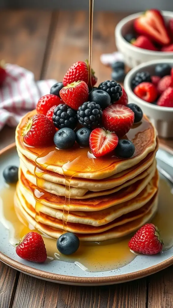 A stack of fluffy lemon ricotta pancakes topped with fresh berries and syrup.
