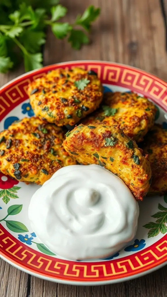 A plate of zucchini fritters served with a creamy yogurt dip, garnished with fresh herbs.