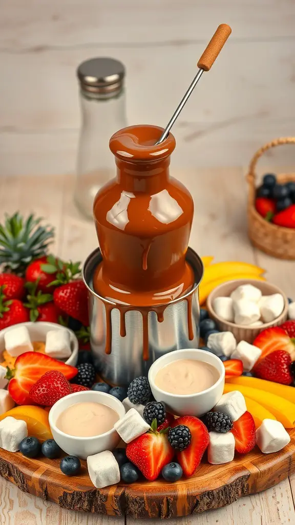 A chocolate fountain surrounded by fresh fruits, marshmallows, and cookies on a wooden platter.