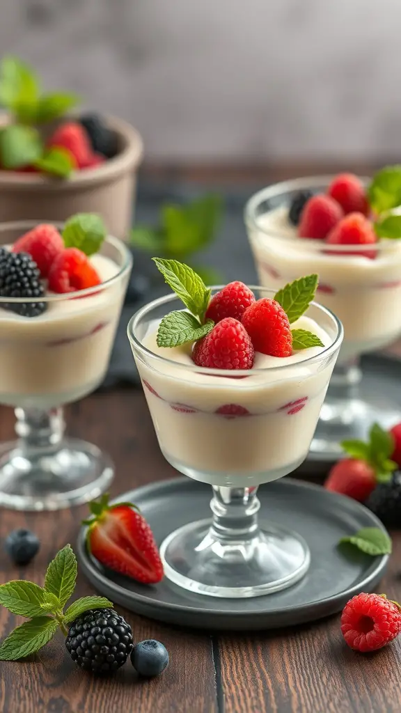 Vanilla bean panna cotta in cups topped with fresh berries and mint