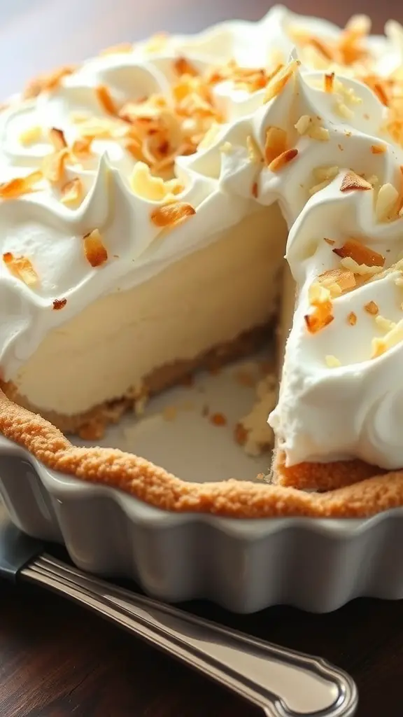 A coconut cream pie with whipped cream and toasted coconut flakes on top, showing a slice taken out.