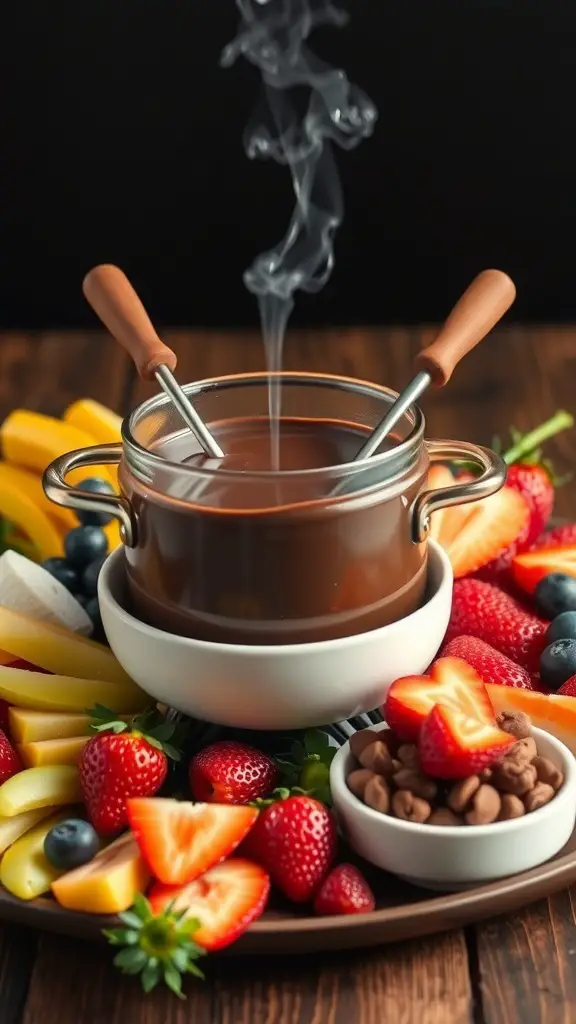 A pot of chocolate fondue surrounded by fresh fruits like strawberries, bananas, and blueberries, ready for dipping.
