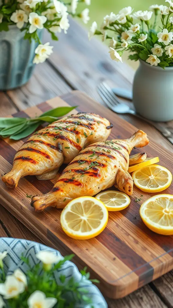 Grilled chicken with lemon slices on a wooden cutting board, garnished with herbs and surrounded by flowers.