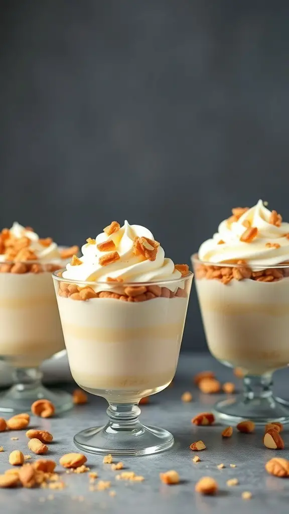 Three pistachio pudding parfaits topped with whipped cream and crushed nuts