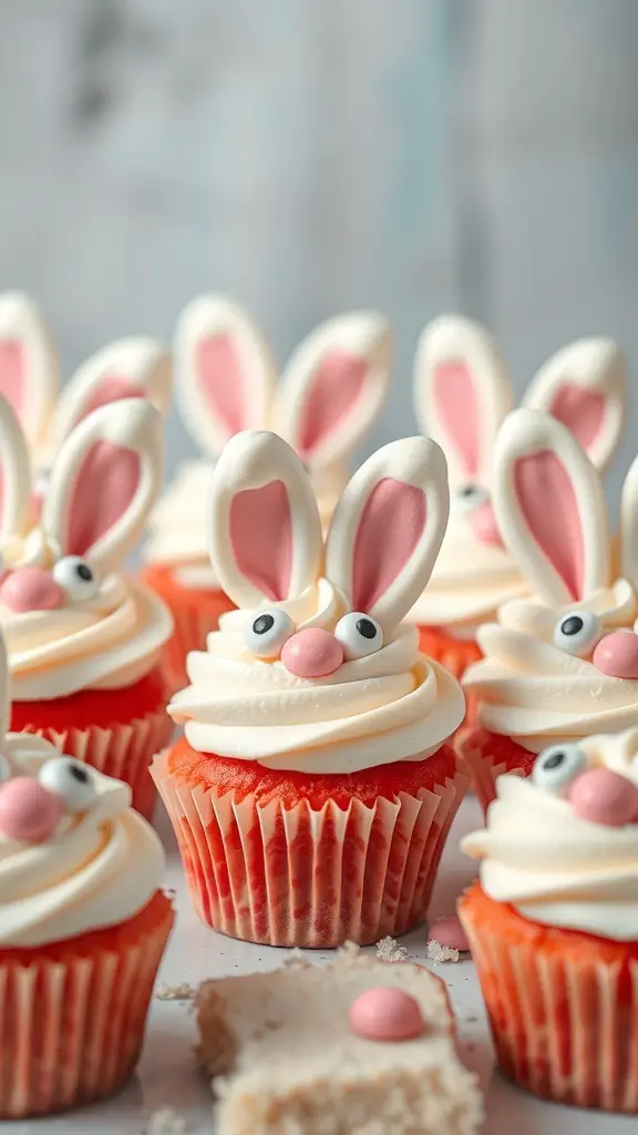 Bunny-shaped cupcakes with whipped frosting and candy decorations