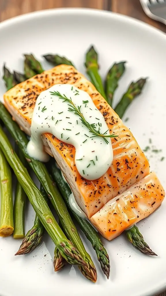 Baked salmon fillet with dill sauce served on a plate with asparagus.