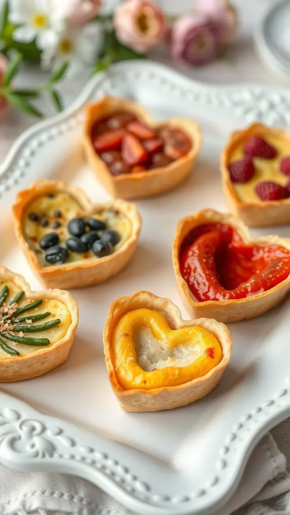 A plate of mini heart-shaped quiches with various fillings.