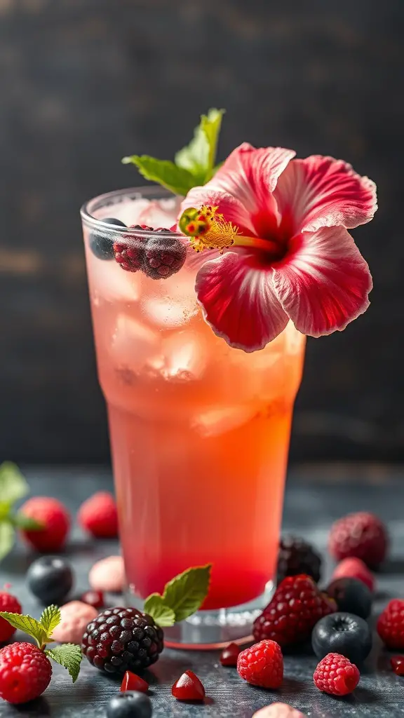 A refreshing Berry Hibiscus Iced Tea garnished with a hibiscus flower and surrounded by fresh berries.