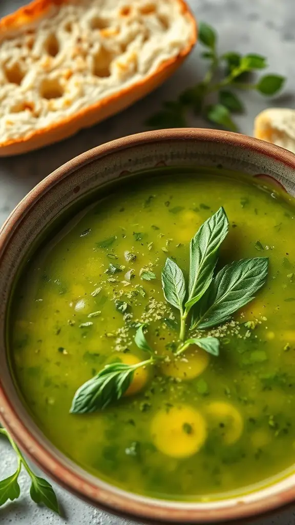 A bowl of green vegetable soup garnished with fresh herbs, alongside a piece of bread.