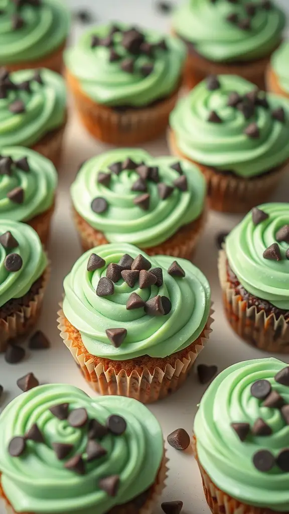 Mint chocolate chip heart cupcakes with green frosting and chocolate chips