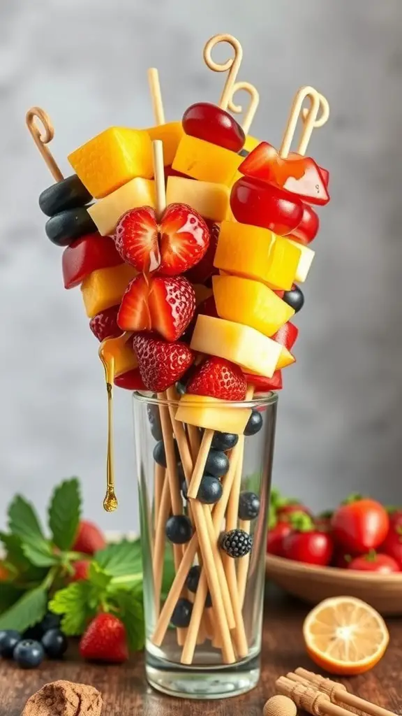 Colorful fruit skewers with honey drizzle in a glass