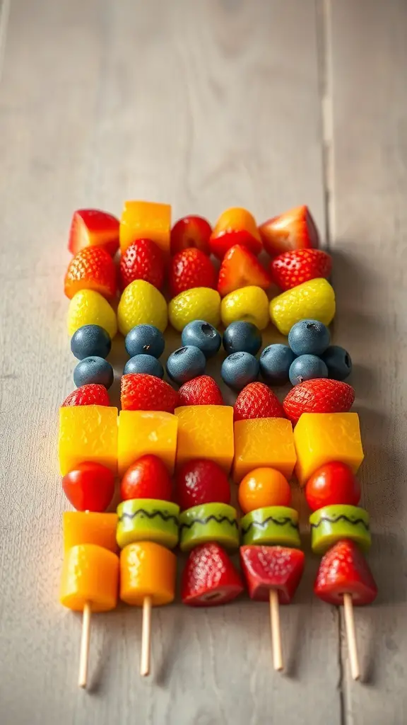 Colorful fruit skewers arranged in a rainbow pattern on a wooden surface.