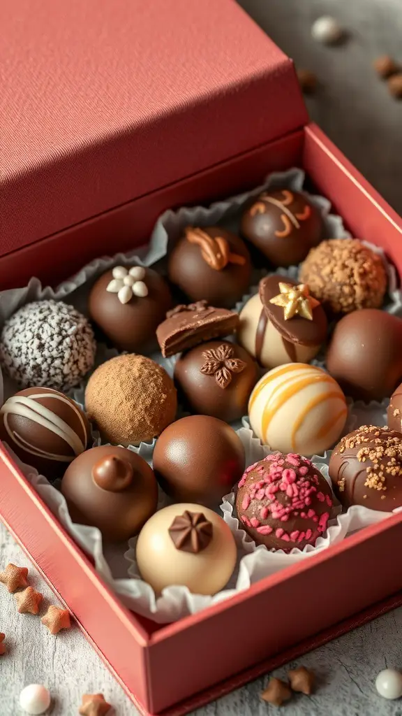 A gourmet assortment of chocolate truffles in a red box
