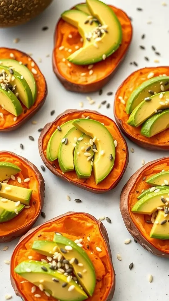 Sweet potato rounds topped with avocado slices and sesame seeds