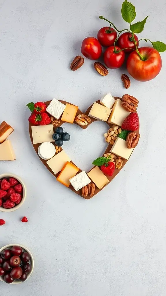 A heart-shaped cheese board with various cheeses, strawberries, blueberries, nuts, and cherry tomatoes.