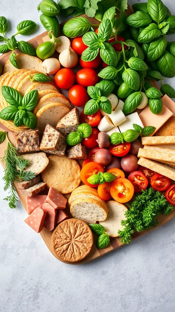 A vibrant green charcuterie board featuring fresh herbs like basil, parsley, and dill, along with various cheeses, tomatoes, and breads.