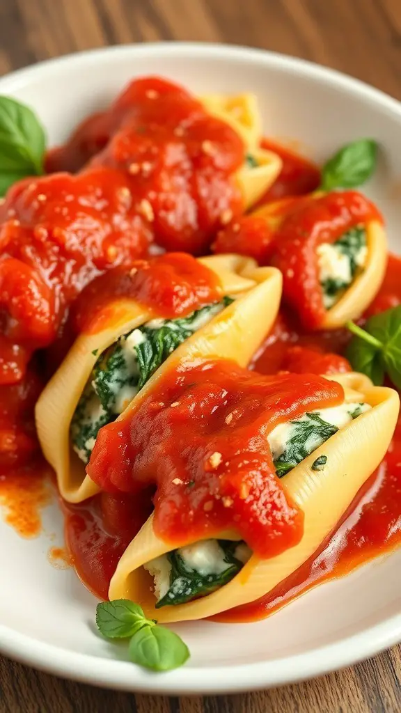 Spinach and ricotta stuffed pasta shells topped with tomato sauce