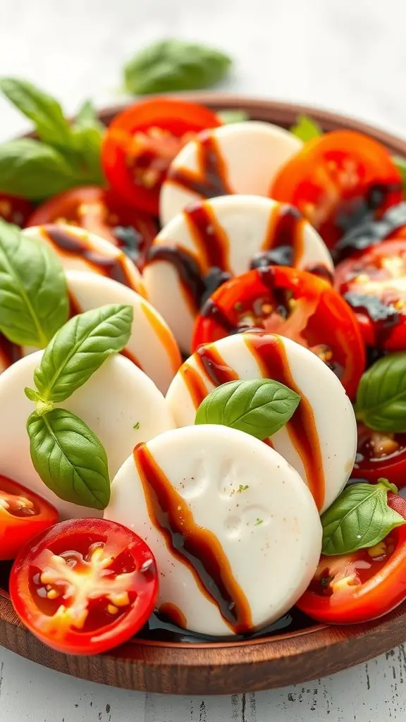 A plate of Caprese salad featuring sliced tomatoes, mozzarella, and fresh basil, drizzled with balsamic reduction.