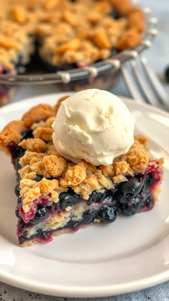 A slice of blueberry crumble pie topped with vanilla ice cream on a plate, with the whole pie in the background.