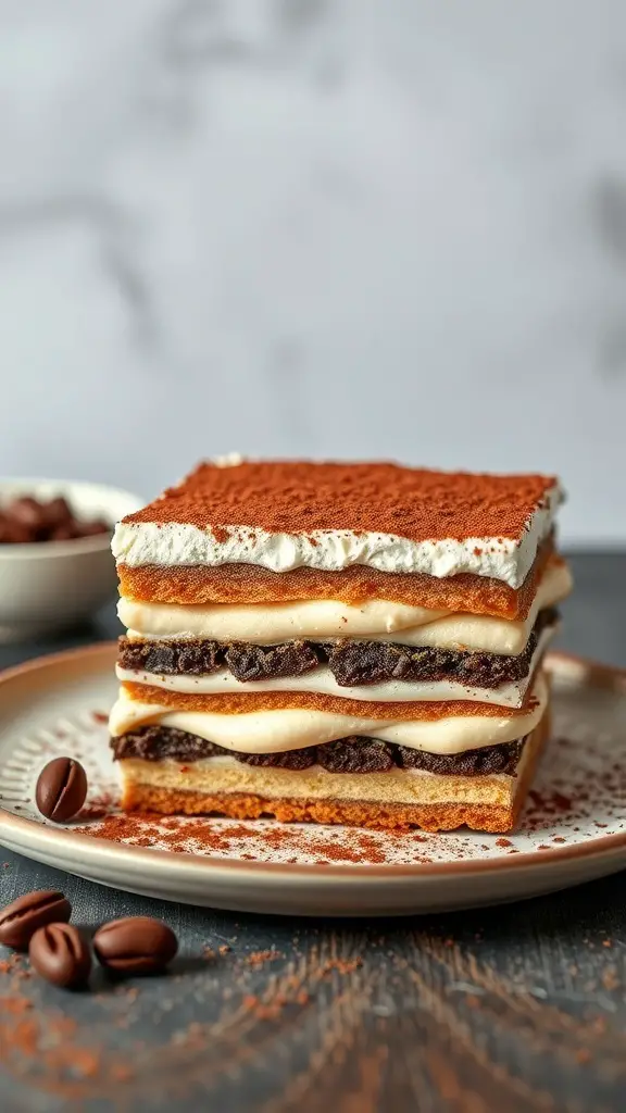 A delicious tiramisu cake with layers of coffee-soaked sponge and creamy mascarpone, topped with cocoa powder.