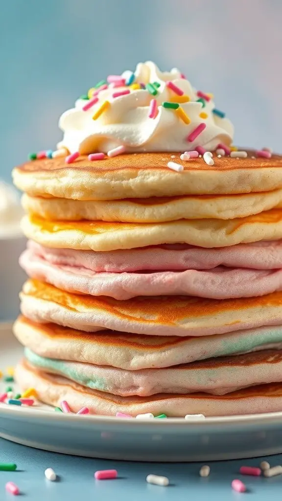 A stack of pastel colored pancakes topped with whipped cream and colorful sprinkles.