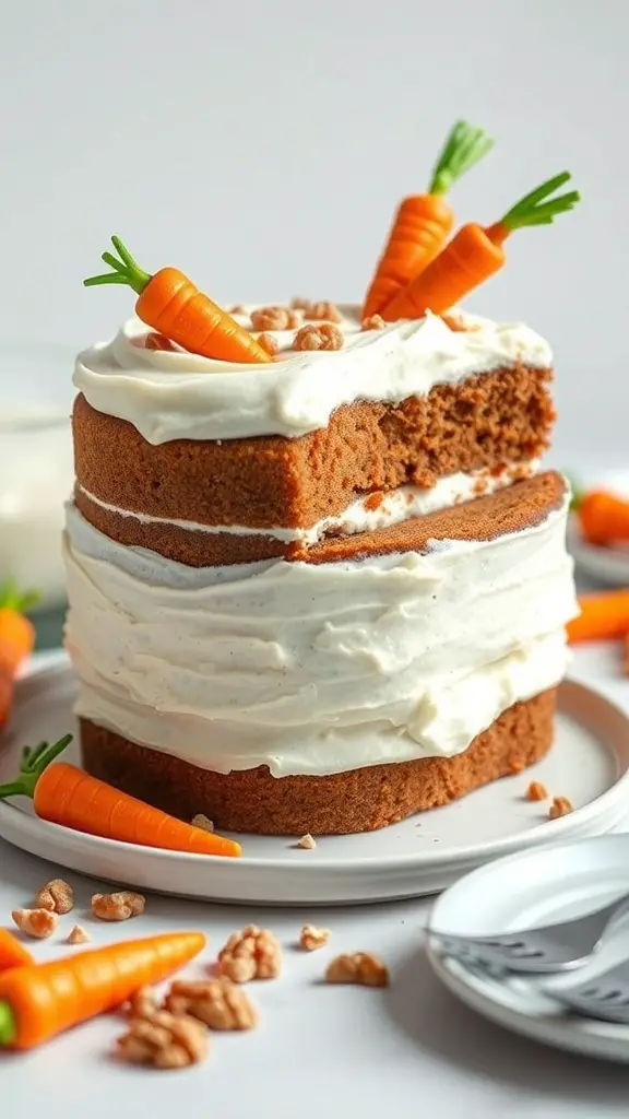 A layered carrot cake with cream cheese frosting and decorative carrots on top.