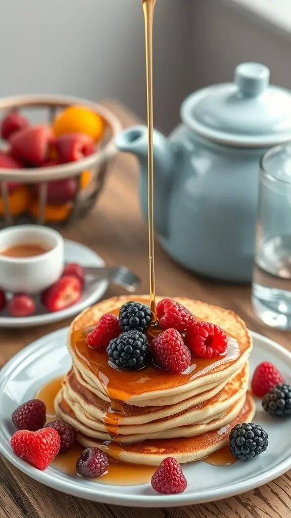 A plate of heart-shaped pancakes topped with fresh berries and syrup.