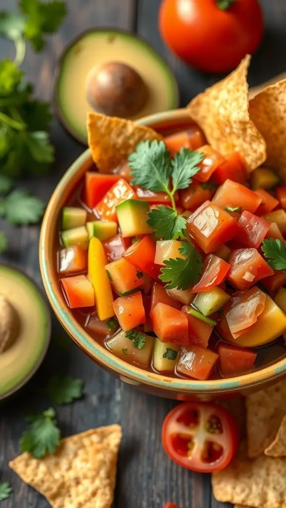 A bowl of colorful avocado and tomato salsa with tortilla chips, garnished with cilantro.
