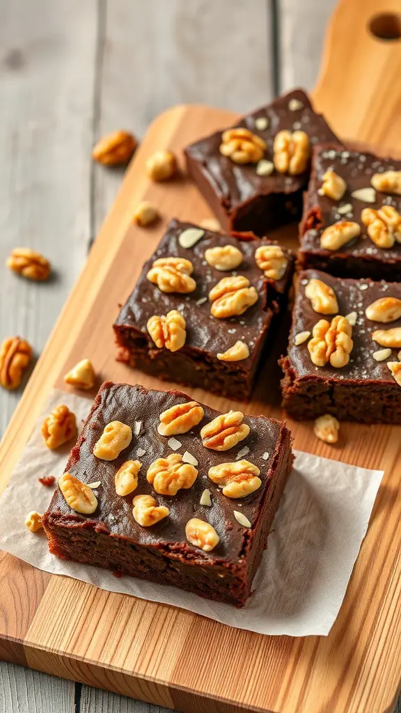 Delicious almond flour brownies topped with walnuts on a wooden board.