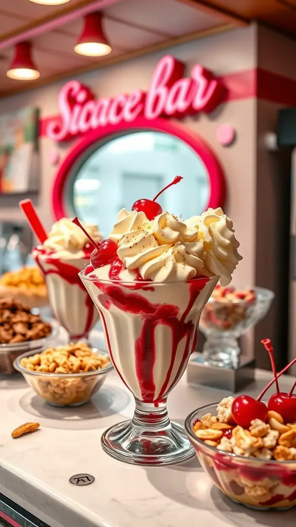 Ice cream sundae bar with tall glasses of ice cream, whipped cream, cherries, and bowls of toppings