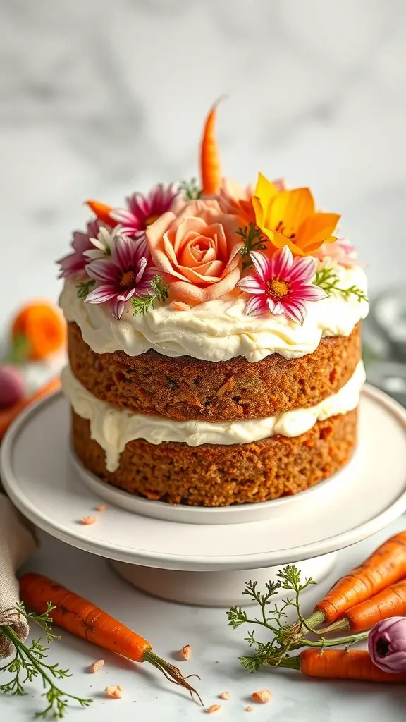 A beautifully decorated carrot cake with cream cheese frosting and flowers on top, surrounded by fresh carrots.