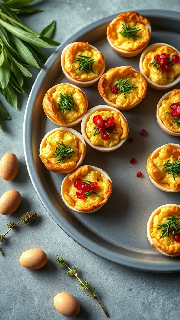 A tray of mini Easter egg quiches topped with herbs and berries, surrounded by fresh eggs and herbs.