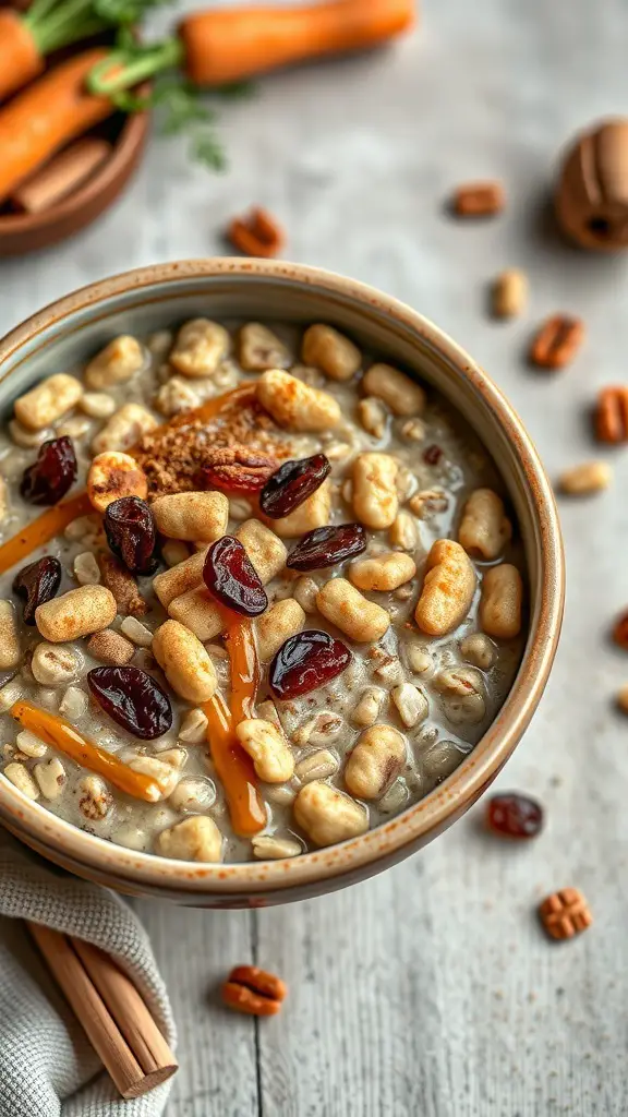 A bowl of carrot cake oatmeal topped with nuts and dried fruits, with fresh carrots in the background.