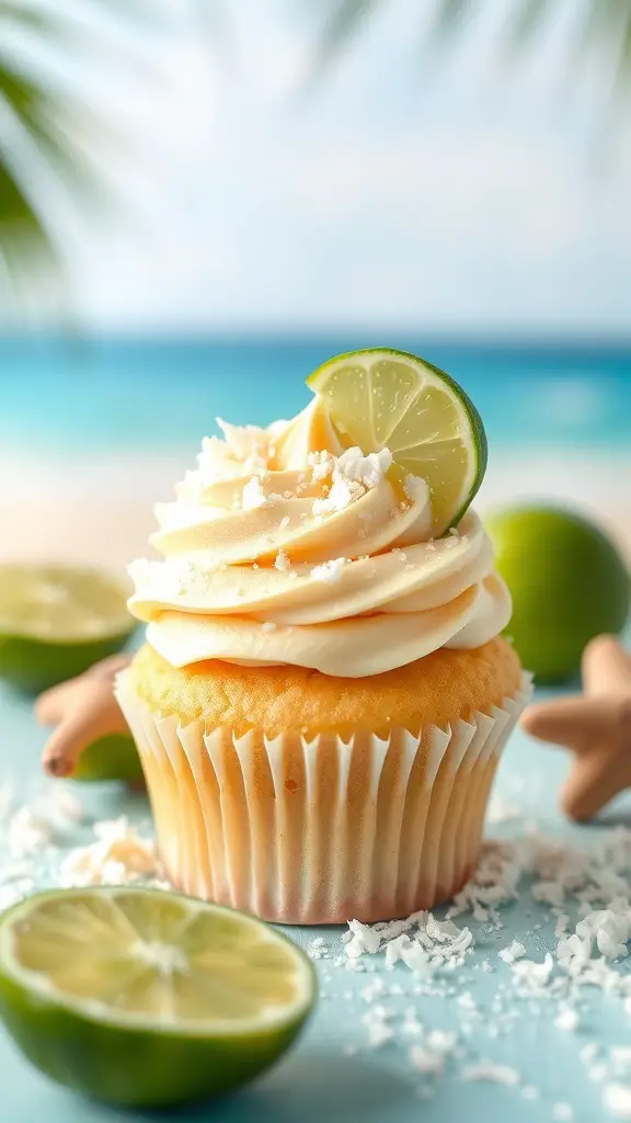 Coconut lime cupcake with frosting, lime slice, and coconut flakes on a beach background