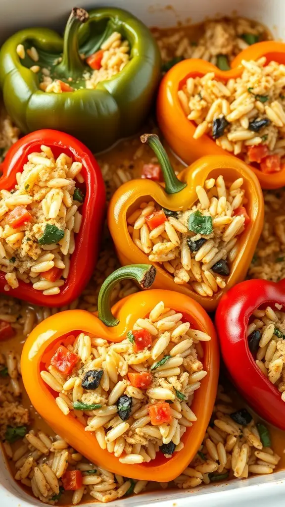 Colorful heart-shaped stuffed bell peppers filled with orzo and vegetables