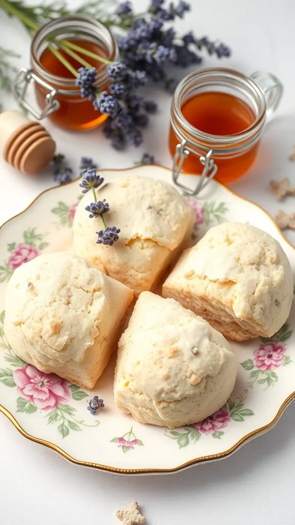 A plate of freshly baked lavender honey scones with jars of honey and lavender sprigs in the background.