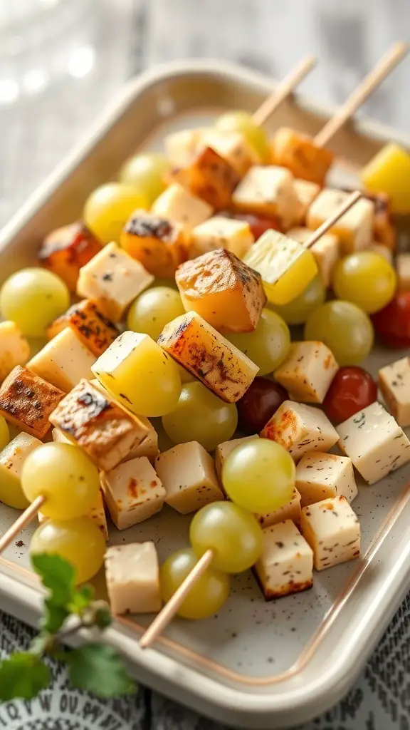 A platter of green grapes and cheese skewers, featuring cubes of cheese and fresh grapes on wooden sticks.