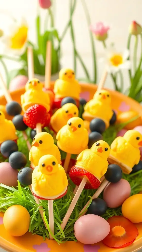 Colorful plate of marshmallow chick fruit skewers with strawberries and blueberries