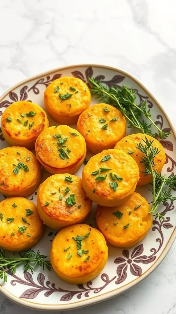 A plate of cheesy polenta bites garnished with herbs.