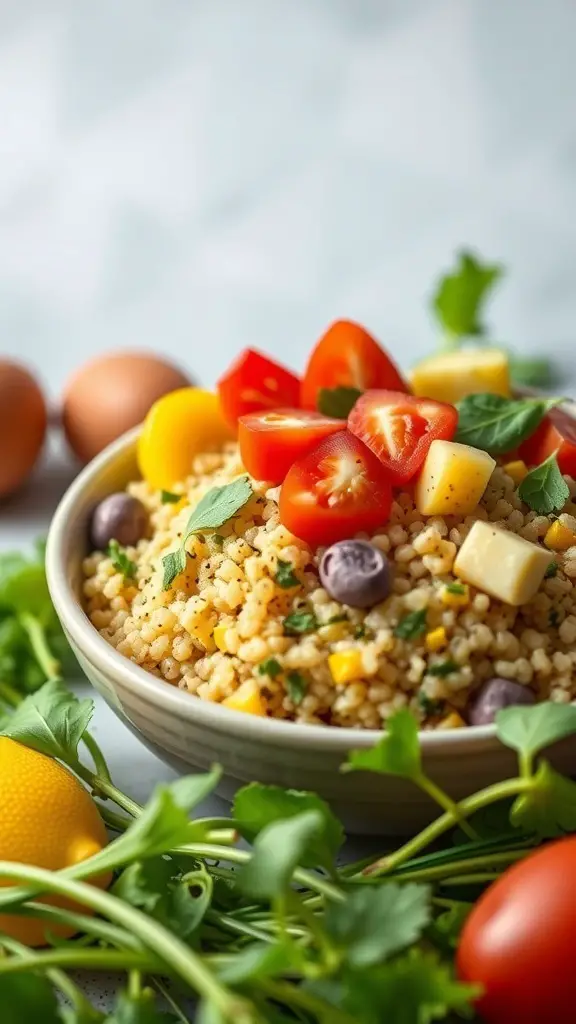 A bowl of lemon herb quinoa topped with cherry tomatoes, cheese, and fresh herbs, surrounded by eggs and vegetables.