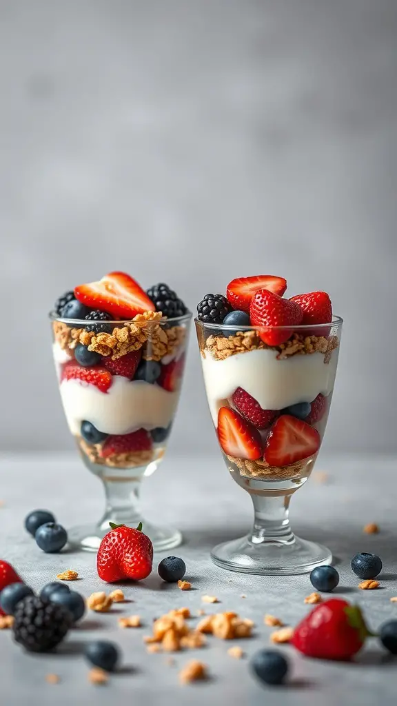 Two fruit and yogurt parfaits with layers of yogurt, granola, and fresh berries.